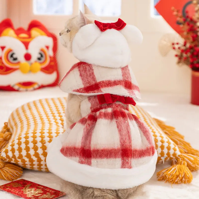 Hipidog Small-Sized Dog 2-Piece Plaid Fleece-Lined Cotton Dress Set - Drop Red 2-Piece Set with Cute Bow, Christmas Look, Warmth Boost Cozy Pet Clothing