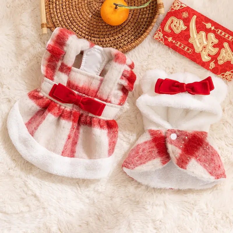 Hipidog Small-Sized Dog 2-Piece Plaid Fleece-Lined Cotton Dress Set - Drop Red 2-Piece Set with Cute Bow, Christmas Look, Warmth Boost Cozy Pet Clothing