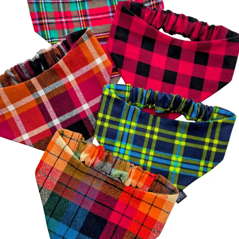 Plaid Scrunchie Dog Bandana, Handmade Stretchy Elastic Pet Bandana, Double Layer Durable Cotton Flannel Bandana for Small, Medium and Large Dogs, Gift for Dog, Made in the USA
