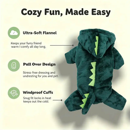 Dinosaur Flannel Pet Costume Soft Warm Four-Leg Jumpsuit for Dogs & Cats Cute Cosplay Outfit for Christmas New Year'S Party Button Closure Windproof Comfortable Green Fleece with 3D Spikes
