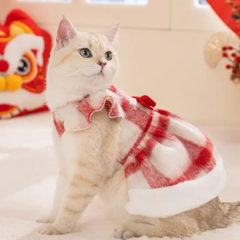 Hipidog Small-Sized Dog 2-Piece Plaid Fleece-Lined Cotton Dress Set - Drop Red 2-Piece Set with Cute Bow, Christmas Look, Warmth Boost Cozy Pet Clothing