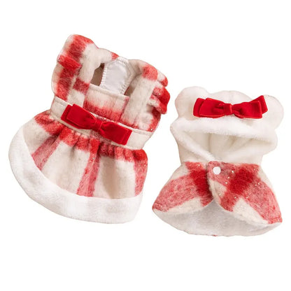 Hipidog Small-Sized Dog 2-Piece Plaid Fleece-Lined Cotton Dress Set - Drop Red 2-Piece Set with Cute Bow, Christmas Look, Warmth Boost Cozy Pet Clothing