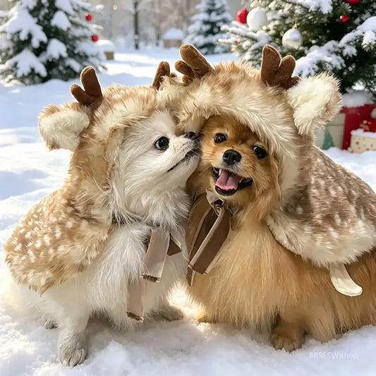 Weight-Based 1-Piece Reindeer Christmas Pet Costume, Soft Plush Winter Hoodie with Antlers, Cozy Warm Dog Coat for Small Dogs-Cats, Holiday Party Dress-Up Photo Props (Sports & Outdoor Clothing), One Piece