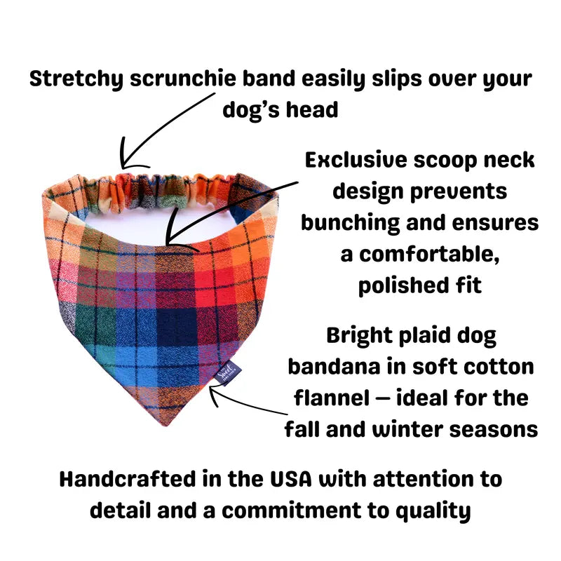 Plaid Scrunchie Dog Bandana, Handmade Stretchy Elastic Pet Bandana, Double Layer Durable Cotton Flannel Bandana for Small, Medium and Large Dogs, Gift for Dog, Made in the USA