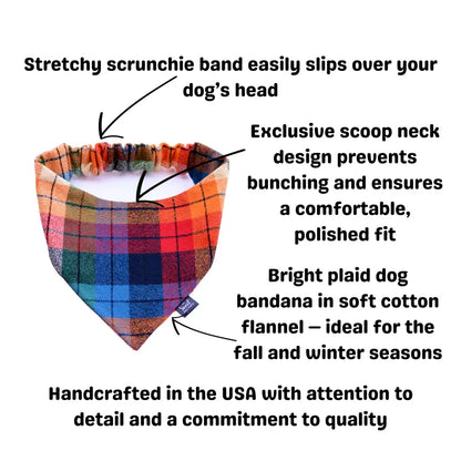 Plaid Scrunchie Dog Bandana, Handmade Stretchy Elastic Pet Bandana, Double Layer Durable Cotton Flannel Bandana for Small, Medium and Large Dogs, Gift for Dog, Made in the USA