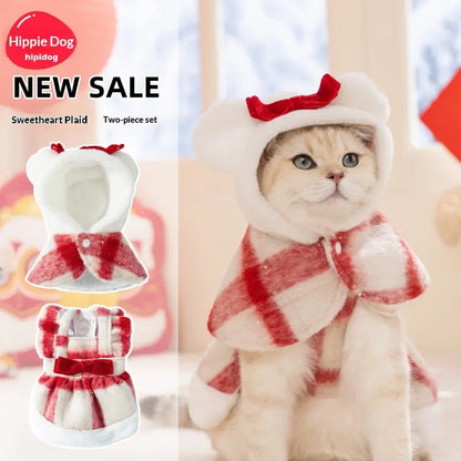 Hipidog Small-Sized Dog 2-Piece Plaid Fleece-Lined Cotton Dress Set - Drop Red 2-Piece Set with Cute Bow, Christmas Look, Warmth Boost Cozy Pet Clothing