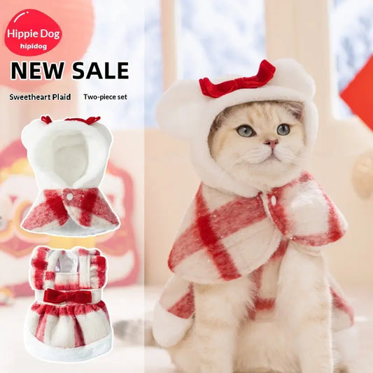 Hipidog Small-Sized Dog 2-Piece Plaid Fleece-Lined Cotton Dress Set - Drop Red 2-Piece Set with Cute Bow, Christmas Look, Warmth Boost Cozy Pet Clothing